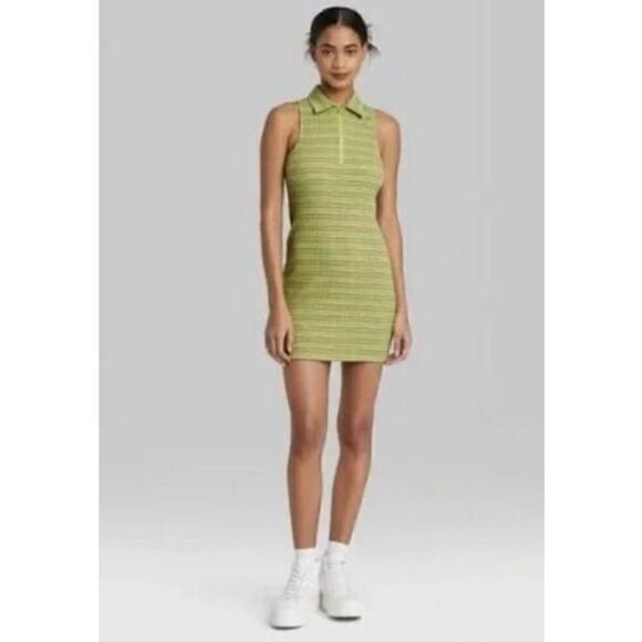 Wild Fable Women’s  Medium Sleeveless Zip Front Polo Dress Green Stripe - Picture 1 of 2